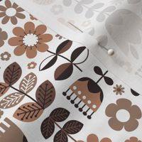 (Medium) Scandinavian Flower Garden - Folk art flowers - chocolate brown, white, beige monochrome