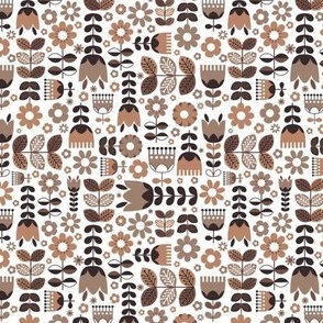 (Small) Scandinavian Flower Garden - Folk art flowers - chocolate brown, white, beige monochrome