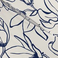Magnolia Garden Floral - Solid Ivory and Navy Blue Outline Large