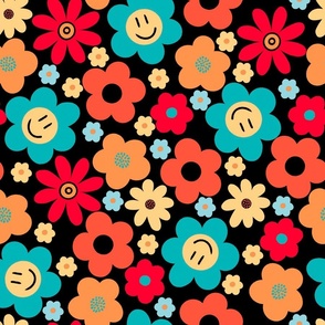 Happy - Flower Power - Retro Floral Pattern