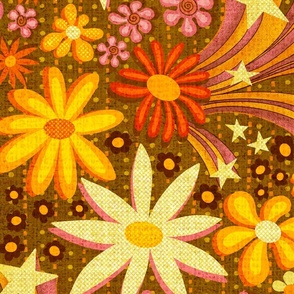 Retro floral with stars - vanilla and pink  - jumbo scale curtain