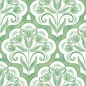 Art Nouveau Tulips Damask Green Medium- Floral Curtains- Geometric- Classic Modern- Spring Flowers