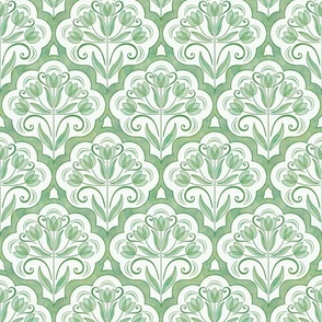 Art Nouveau Tulips Damask Green Small- Floral Curtains- Geometric- Classic Modern Wallpaper- Spring Flowers
