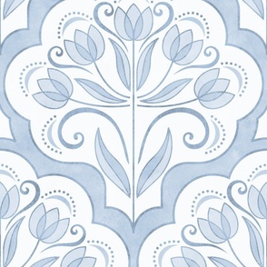 Art Nouveau Tulips Damask Sky Blue Large- Floral Curtains- Geometric- Classic Modern- Light Blue Spring Flowers