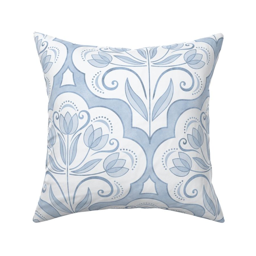 Art Nouveau Tulips Damask Sky Blue Medium- Floral Curtains- Geometric- Classic Modern- Light Blue Spring Flowers