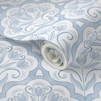 Art Nouveau Tulips Damask Sky Blue Medium- Floral Curtains- Geometric- Classic Modern- Light Blue Spring Flowers