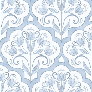 Art Nouveau Tulips Damask Sky Blue Medium- Floral Curtains- Geometric- Classic Modern- Light Blue Spring Flowers
