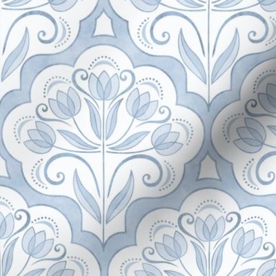 Art Nouveau Tulips Damask Sky Blue- Small- Floral Curtains- Geometric- Classic Modern- Light Blue Spring Flowers