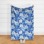 Royal Blue and White Retro Rose Chintz - extra-large