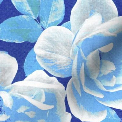 Royal Blue and White Retro Rose Chintz - extra-large