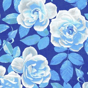 Royal Blue and White Retro Rose Chintz - extra-large