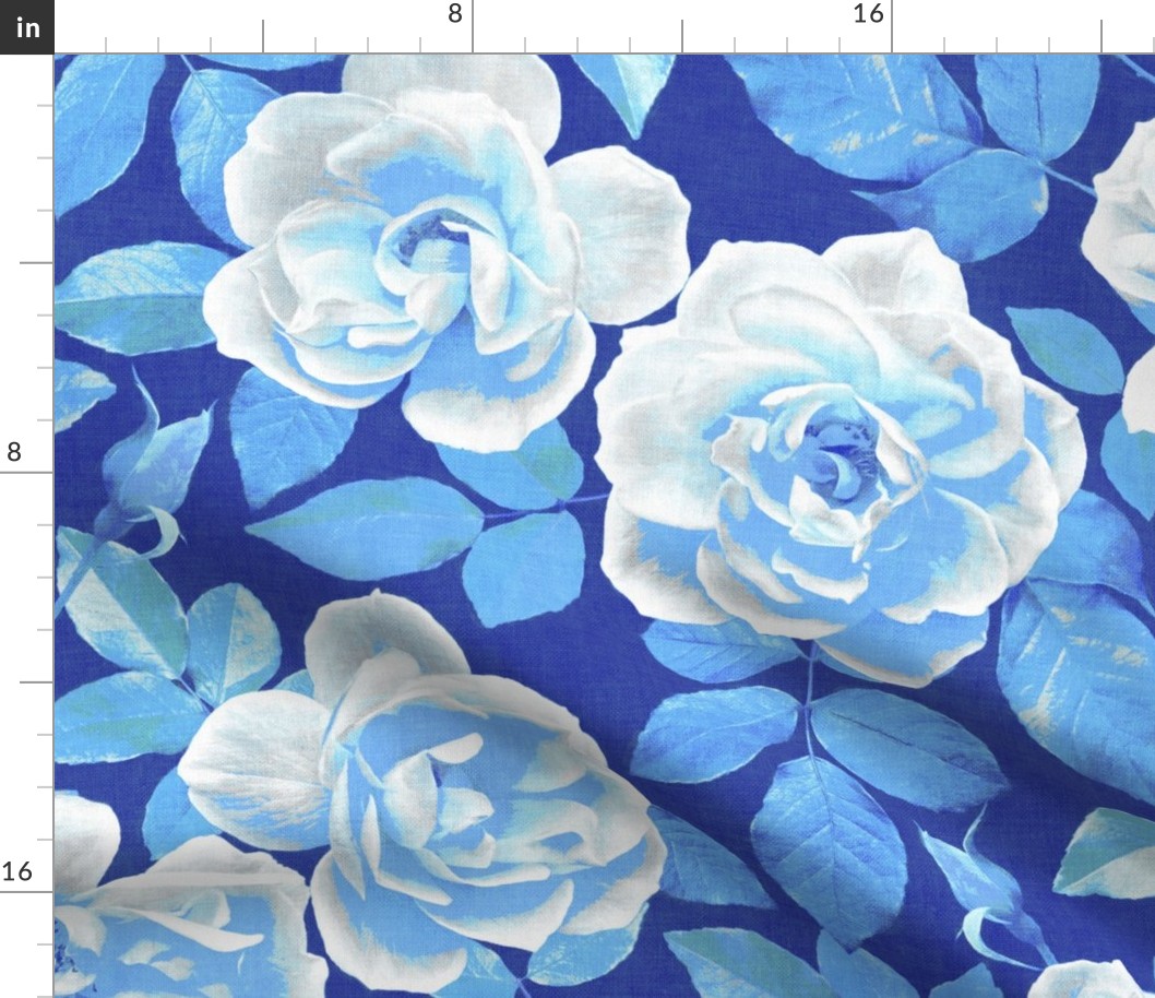 Royal Blue and White Retro Rose Chintz - extra-large