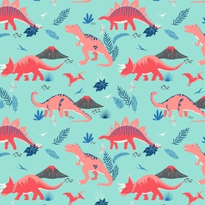 Pink Jurrassic Dinosaurs on Aqua