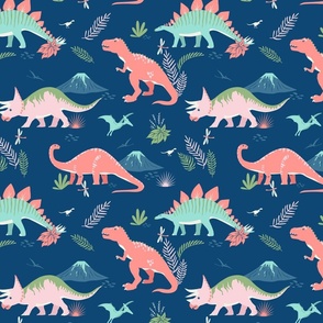Coral Pink Dinosaurs on Blue