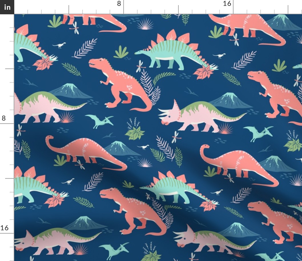Coral Pink Dinosaurs on Blue