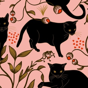 Cats In The Garden - Black Cats - Pink - JUMBO