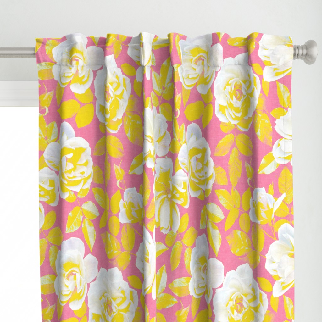 Yellow and White Pop Art Roses on Pink - extra-large