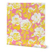 Yellow and White Pop Art Roses on Pink - extra-large