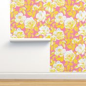 Yellow and White Pop Art Roses on Pink - extra-large