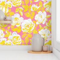 Yellow and White Pop Art Roses on Pink - extra-large