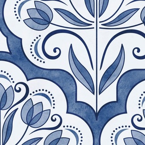Art Nouveau Tulips Damask Navy Blue Extra Large- Jumbo Floral Curtains- Geometric- Classic Modern- Spring Flowers