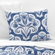 Art Nouveau Tulips Damask Navy Blue- Large- Floral Curtains- Geometric- Classic Modern- Spring Flowers