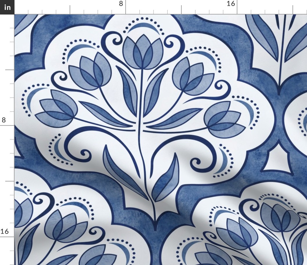 Art Nouveau Tulips Damask Navy Blue- Large- Floral Curtains- Geometric- Classic Modern- Spring Flowers