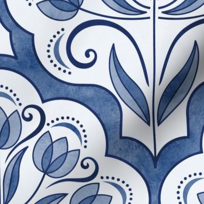 Art Nouveau Tulips Damask Navy Blue- Medium- Floral Curtains- Geometric- Classic Modern- Spring Flowers