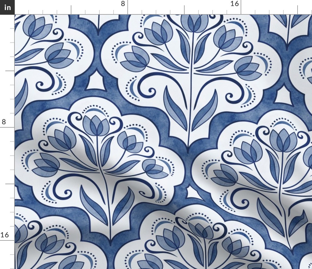 Art Nouveau Tulips Damask Navy Blue- Medium- Floral Curtains- Geometric- Classic Modern- Spring Flowers