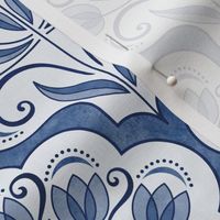 Art Nouveau Tulips Damask Navy Blue- Small- Floral Curtains- Geometric- Classic Modern- Spring Flowers