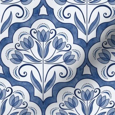 Art Nouveau Tulips Damask Navy Blue- Small- Floral Curtains- Geometric- Classic Modern- Spring Flowers