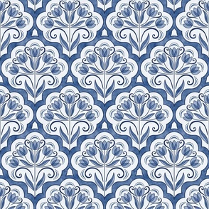 Art Nouveau Tulips Damask Navy Blue- Small- Floral Curtains- Geometric- Classic Modern- Spring Flowers