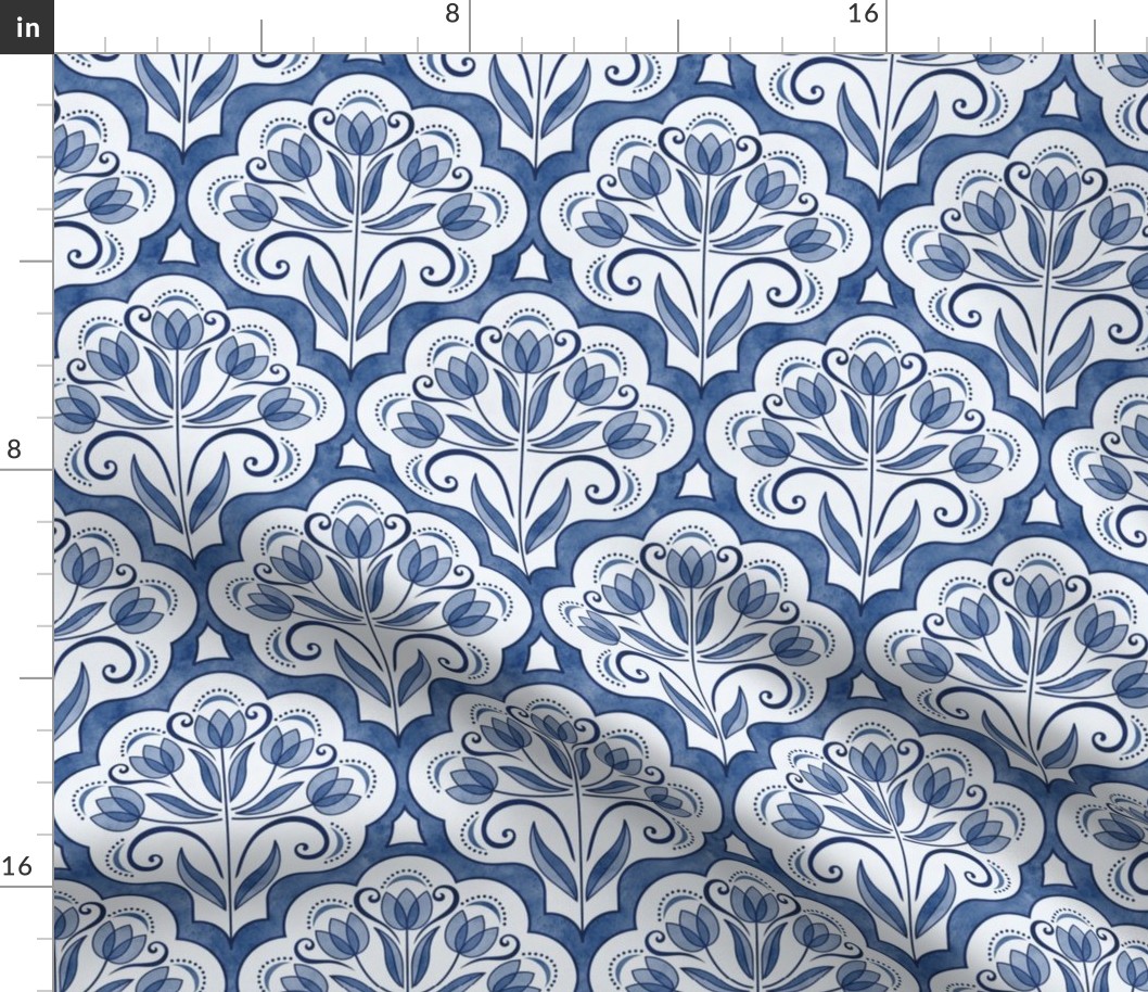 Art Nouveau Tulips Damask Navy Blue- Small- Floral Curtains- Geometric- Classic Modern- Spring Flowers