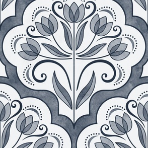 Art Nouveau Tulips Damask Slate Blue- Large- Floral Curtains- Geometric- Classic Modern- Spring Flowers