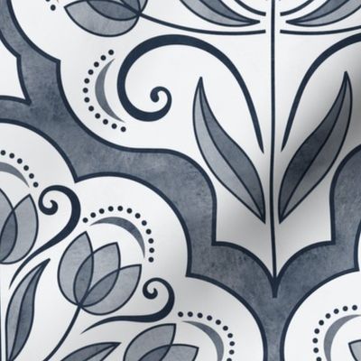 Art Nouveau Tulips Damask Slate Blue- Medium- Floral Curtains- Geometric- Classic Modern- Spring Flowers