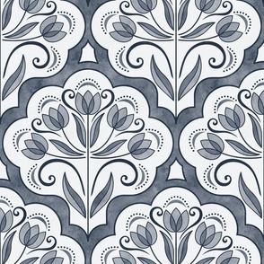 Art Nouveau Tulips Damask Slate Blue- Medium- Floral Curtains- Geometric- Classic Modern- Spring Flowers