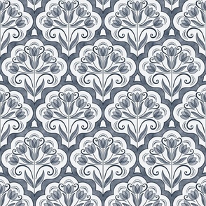 Art Nouveau Tulips Damask Slate Blue- Small- Floral Curtains- Geometric- Classic Modern- Spring Flowers