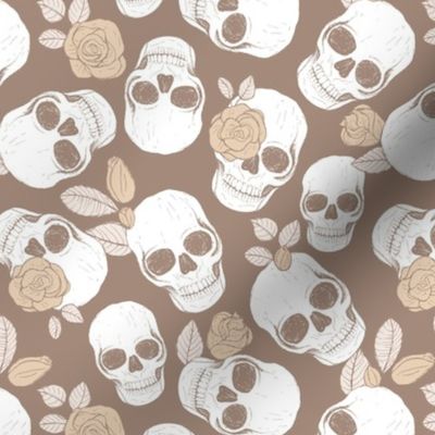 Day of the dead - Skulls and roses halloween skeleton design boho style seventies beige tan brown vintage palette
