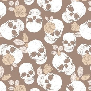 Day of the dead - Skulls and roses halloween skeleton design boho style seventies beige tan brown vintage palette