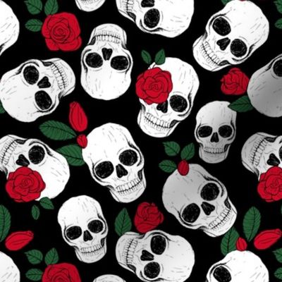 Day of the dead - Skulls and roses halloween skeleton design boho style red green on black