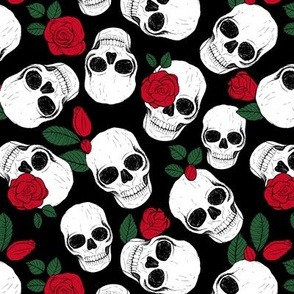 Day of the dead - Skulls and roses halloween skeleton design boho style red green on black