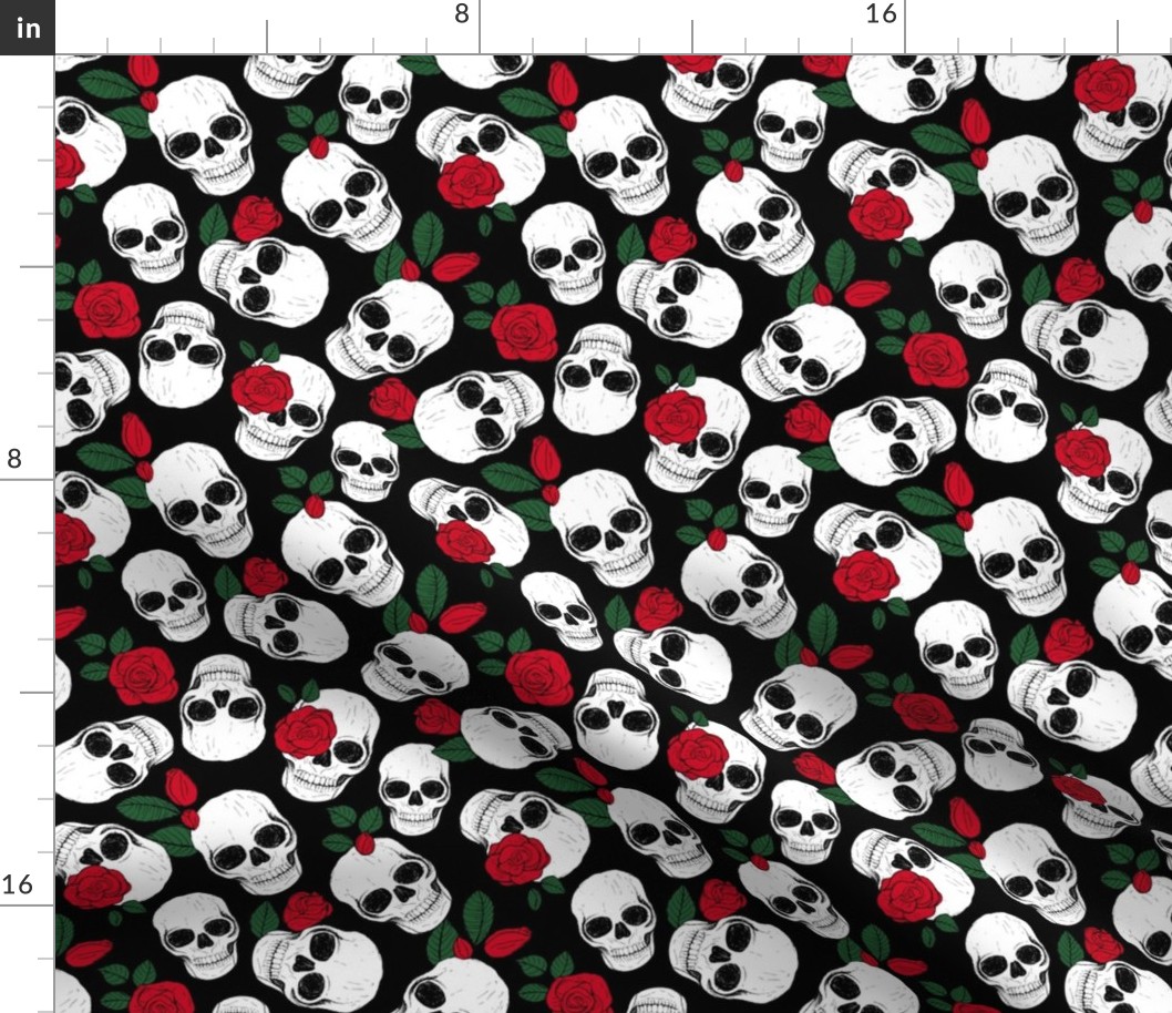 Day of the dead - Skulls and roses halloween skeleton design boho style red green on black