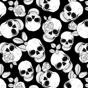 Day of the dead - Skulls and roses halloween skeleton design boho style black and white monochrome sketched