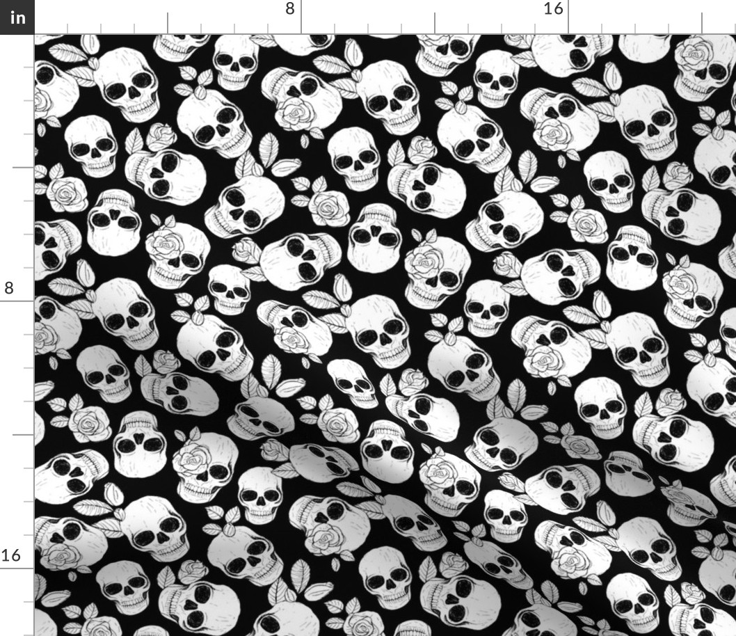 Day of the dead - Skulls and roses halloween skeleton design boho style black and white monochrome sketched