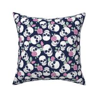Day of the dead - Skulls and roses halloween skeleton design boho style pink mint green on navy blue