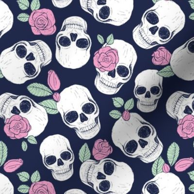 Day of the dead - Skulls and roses halloween skeleton design boho style pink mint green on navy blue