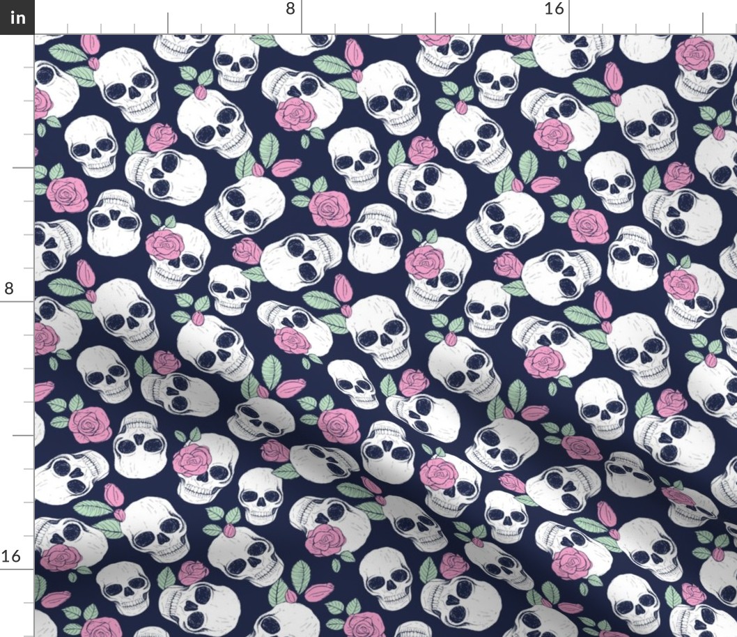 Day of the dead - Skulls and roses halloween skeleton design boho style pink mint green on navy blue