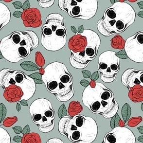 Day of the dead - Skulls and roses halloween skeleton design boho style red eucalyptus green