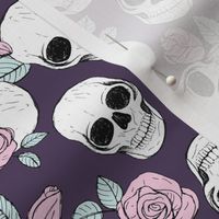 Day of the dead - Skulls and roses halloween skeleton design boho style pink blue mist on purple