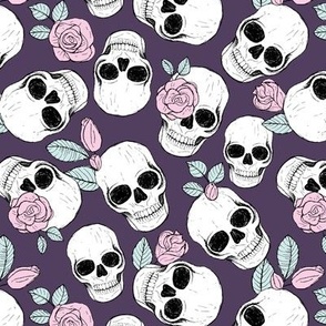 Day of the dead - Skulls and roses halloween skeleton design boho style pink blue mist on purple